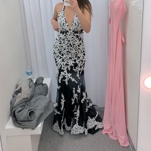 Black Halter Top Prom Dress w/ White Floral Accents